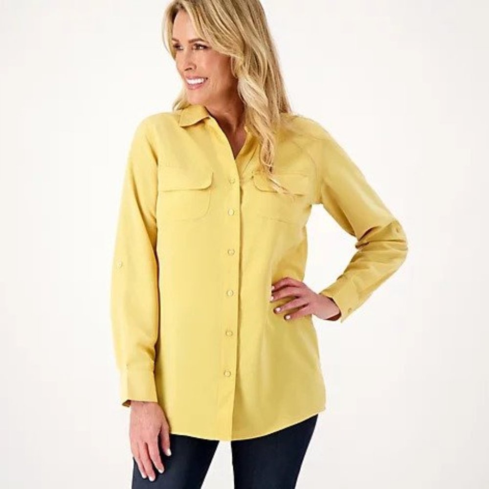 Denim & Co. Roll Tab Sleeve Button Front Soft Utility Tunic - Light Gold - XL